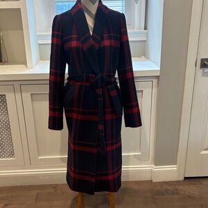 Elegant Wool Blend Plaid Trench Coat - Navy and Red